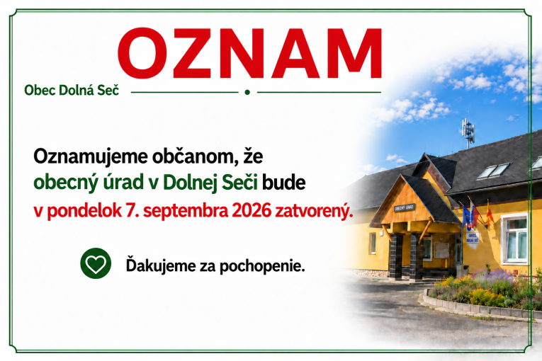 Oznam OcÚ - zatvorený 7.9.2026