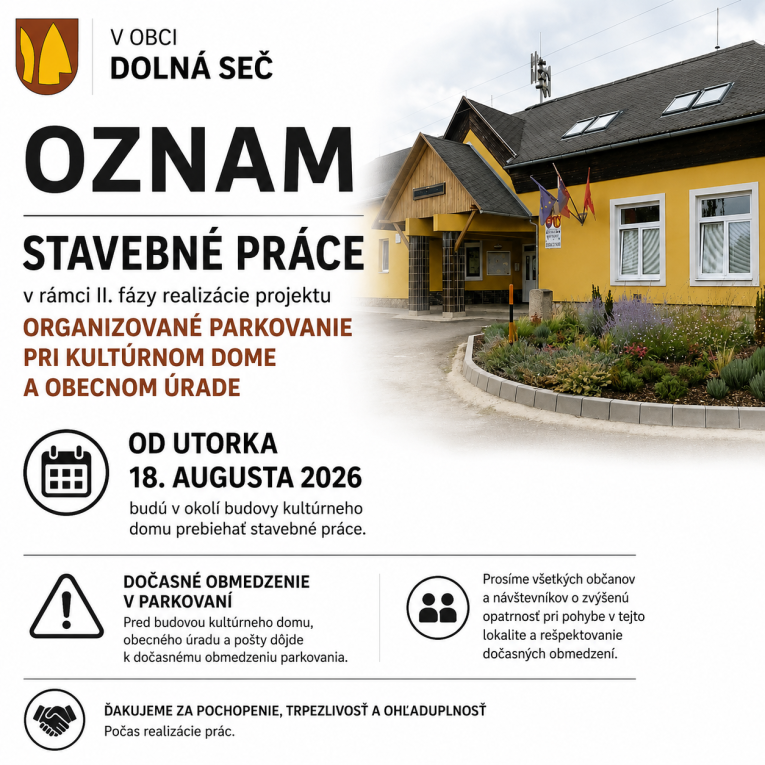 OZNAM „Organizované parkovanie pri kultúrnom dome a obecnom úrade“